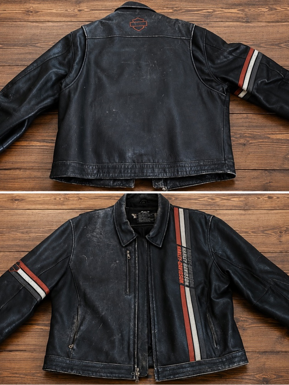 Harley-Davidson Black Leather Jacket with Red and White Racing Stripes